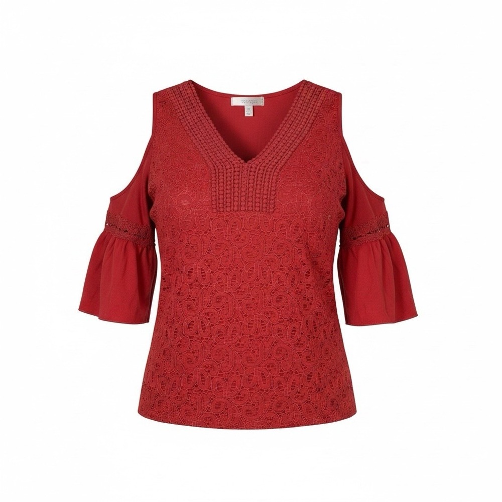 Shannon Ford New York Cold Shoulder Lace Front Blouse Women’s Size Large Red
